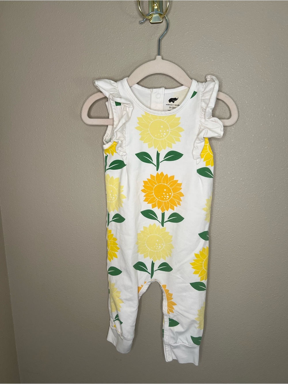 Monica + Andy Baby Girls White Sunflower Print Romper with Ruffle Sleeves